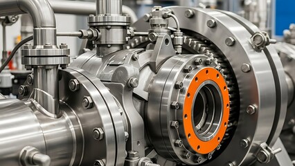 Obraz premium Silver Metal Industrial Machine with Orange Ring and Bolts Close Up