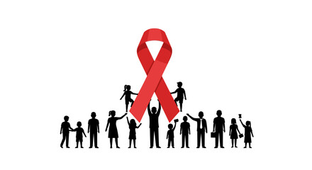 Silhouettes of a diverse community united under a large red ribbon for HIV and AIDS awareness and support.