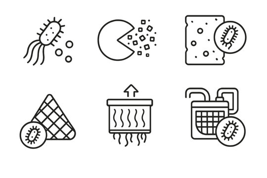 Microplastic Solutions Icons. Line style icons of microplastic solutions: bacteria near microbeads, enzyme breaking nanoplastics,