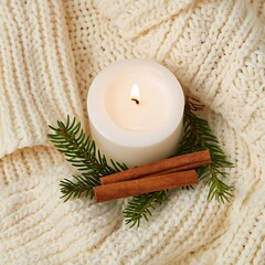 Cozy winter candle with cinnamon sticks and evergreen sprigs