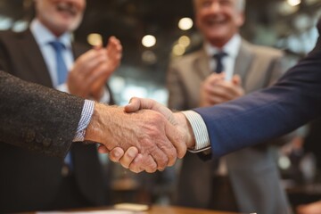 Businessmen celebrate a successful agreement with handshake and applause in a bright conference room full of energy