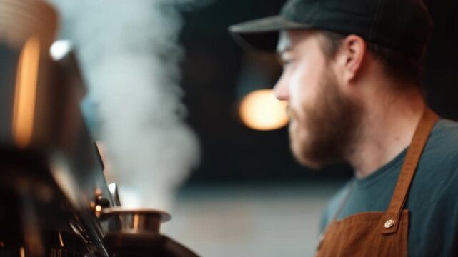 Concentrated Barista Preparing Coffee with Coffee Machine in a Cozy Cafe Setting 4k Video footage
