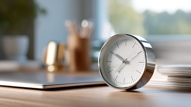 Modern Desk Setup with Minimalist Clock and Laptop for Productivity and