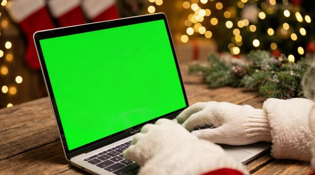 Santa-gloved hands typing on laptop with green screen in festive Christmas setting and warm holiday lights  
