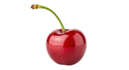 Ripe red cherry isolated PNG on transparent background, fresh fruit with stem for healthy eating...