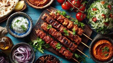 A vibrant spread of Mediterranean cuisine featuring grilled skewers, fresh salad, creamy dips, and warm flatbreads. A delicious feast for the senses, inviting a culinary adventure!