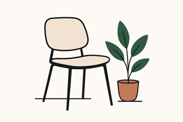 Fototapeta premium Minimalist Chair Scene. Modern minimalist chair against a clean white backdrop with a potted plant nearby, sharp and simple