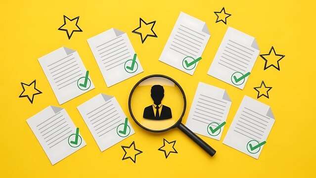 Candidate Search on Yellow Background with Documents and Stars