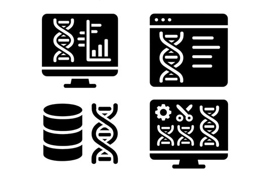 DNA Interface Icons. Solid style icons of interface and software: DNA GUI dashboard, sequence editor window, code-to-helix app.