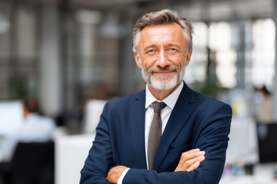 Confident professional manager in business attire standing in modern office environment with a friendly smile, showcasing leadership and experience during a productive workday