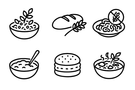 Culinary Grain Icons. Line style icons of culinary uses: grain salad bowl, ancient grain bread loaf, gluten-free pasta plate, - Powered by Adobe