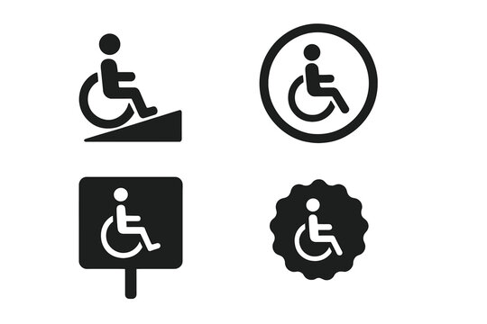 Slope Accessibility Icons. Solid style icons of slope accessibility features: wheelchair ramp glyph, barrier-free icon, assist