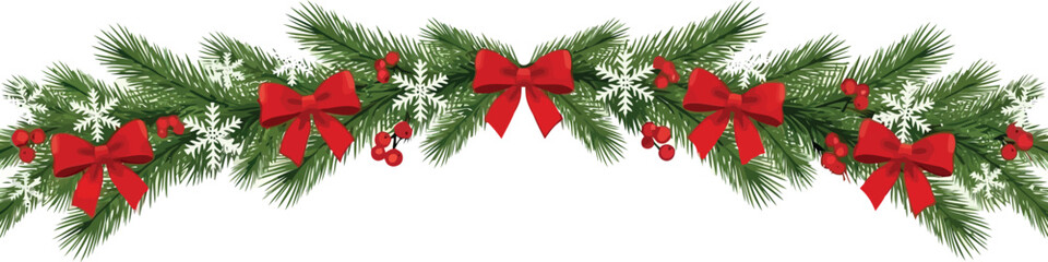 Christmas garland with red bows and snowflakes isolated on for holiday decoration