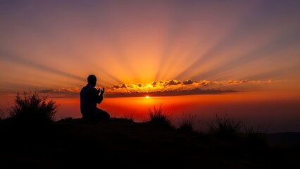 Spiritual silhouette praying at sunset, radiant golden light for religious themes and serene landscapes, hope and faith