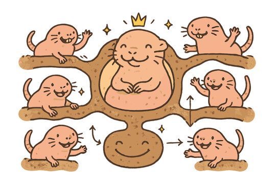 Cheerful Mole-Rat Colony. Whimsical doodle naked mole-rat colony with smiling tunnels, cartoon mole-rats waving, cheerful queen