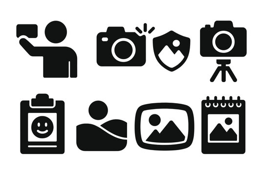 Scenic Photo Icons. Solid style icons of scenic photo moments: selfie glyph, camera click icon, viewpoint badge. Tripod ring,