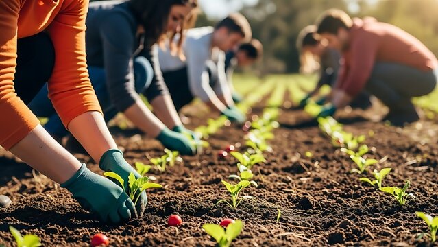 People Planting Radish Seedlings in Brown Soil with Green Gloves