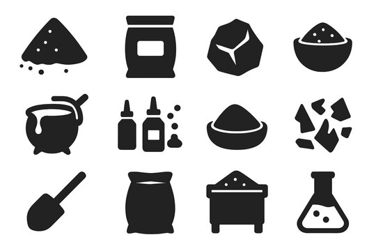 Raw Material Icons. Solid style icons of raw materials: silica sand, soda ash bag, limestone rock, batch mixture, melting pot,