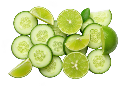 Fresh cucumber and lime slices arranged isolated on transparent background