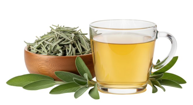 Sage tea in glass cup isolated PNG, herbal drink with fresh green leaves and dried sage in wooden bowl on transparent background