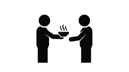 Food Donation and Assistance Icon. Vector illustration of one person handing a steaming bowl of food (hot meal) to another, symbolizing charity, compassion, and social help.