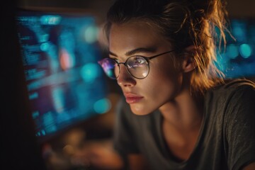 Young woman cybersecurity expert monitors critical business systems at night, analyzing data on multiple screens with focused attention