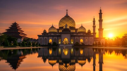 Magnificent golden-domed mosque reflecting in serene water at breathtaking sunset for travel and religious inspiration