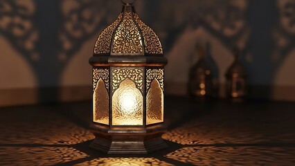 Elegant Ramadan lantern casting intricate shadows, perfect for warm spiritual holiday promotions and cultural celebrations
