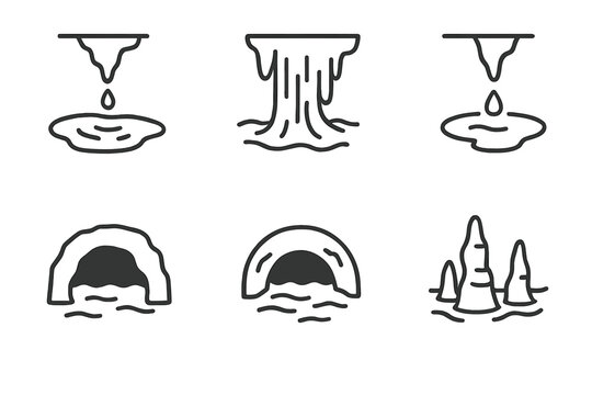 Underground Water Icons. Line style icons of underground water features: dripstone pool, flowstone cascade, slow drip icon,