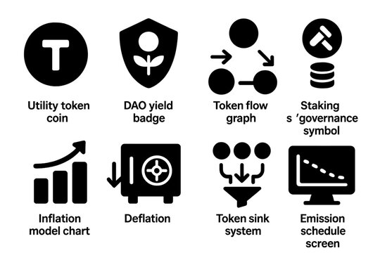 DAO Tokenomics Icons. Solid style icons of DAO tokenomics: utility token coin, DAO yield badge, token flow graph. Staking icon