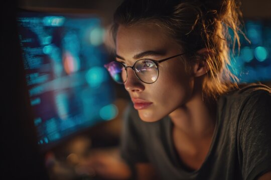 Young woman cybersecurity expert monitors critical business systems at night, analyzing data on multiple screens with focused attention