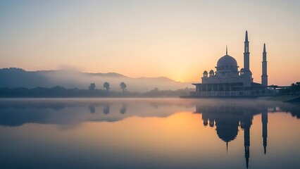 Serene sunrise over Putra Mosque reflected in tranquil waters, perfect for travel brochures or peaceful meditation guides