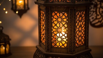 Warm glow from a decorative Ramadan lantern illuminating a serene holiday atmosphere, perfect for cultural and festive designs