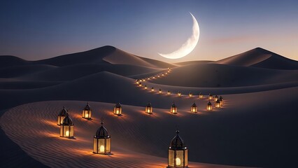 Magical desert night scene with Ramadan lanterns glowing under a crescent moon creating a serene, spiritual atmosphere