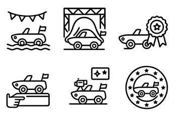 Amphibious Car Icons. Line style icons of amphibious car at events and shows: car show on water, tech expo float reveal,