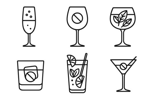 Zero-Alcohol Line Icons. Line style icons of zero-alcohol wine and cocktails: sparkling wine flute, non-alcoholic ros&eacute; glass,