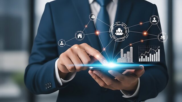 Man in Suit Using Tablet with Network and Business Graphics Overlay