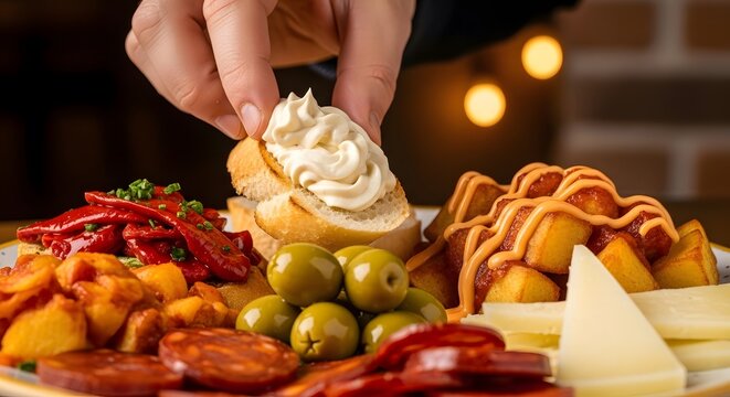 hand placing a baguette slice with aioli on a spanish tapas platter, for restaurant menus, mediterranean cuisine, food blogs