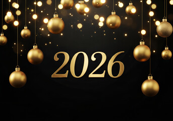 Black luxury background with golden Christmas baubles hanging and softly glowing with warm light. Elegant festive atmosphere. In center or on the left side,The golden number 2026 in clean modern typog