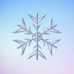 Close up of a delicate ice crystal snowflake against a soft gradient background