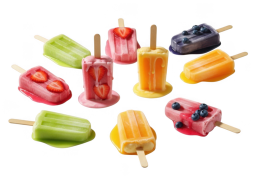 Sweet colorful melting fruit ice pops set isolated on transparent background
