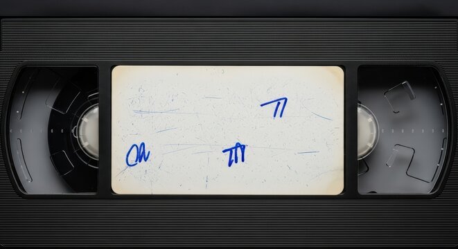 Vintage vhs tape with handwritten label and black cassette design