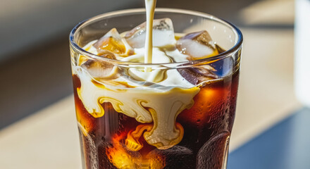 cream being poured into iced coffee close-up
