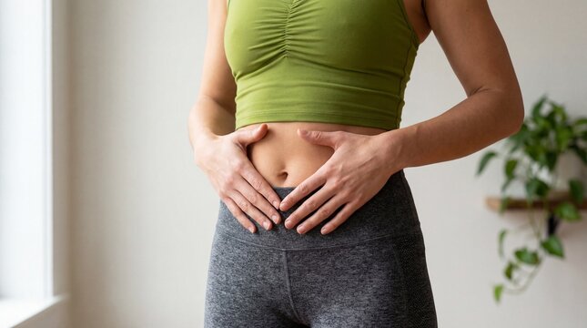 Fit woman in sportswear holding her stomach, focusing on gut health and digestion