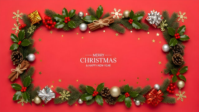 Festive Christmas frame with holly pine cones and ornaments creating a holiday border for seasonal greetings and design elements on a red background