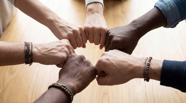 Diverse team showing unity and teamwork with a group fist bump