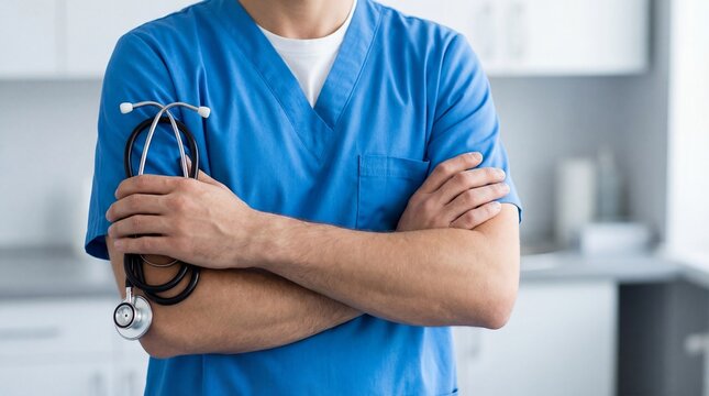 Medical professional in blue scrubs holding a stethoscope with arms crossed - Powered by Adobe