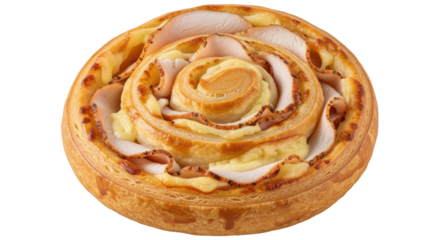 Savory ham and cheese pastry roll isolated PNG, delicious baked snack with flaky crust on transparent background for food design projects