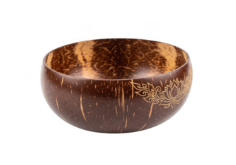 Handcrafted coconut bowl with lotus art isolated on transparent background