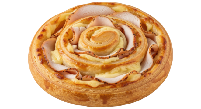 Savory ham and cheese pastry roll isolated PNG, delicious baked snack with flaky crust on transparent background for food design projects - Powered by Adobe